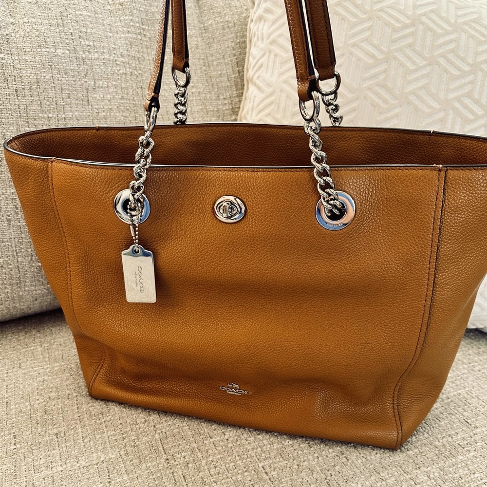 Coach Cognac Pebbled Leather Tote with Silver Chain Handles